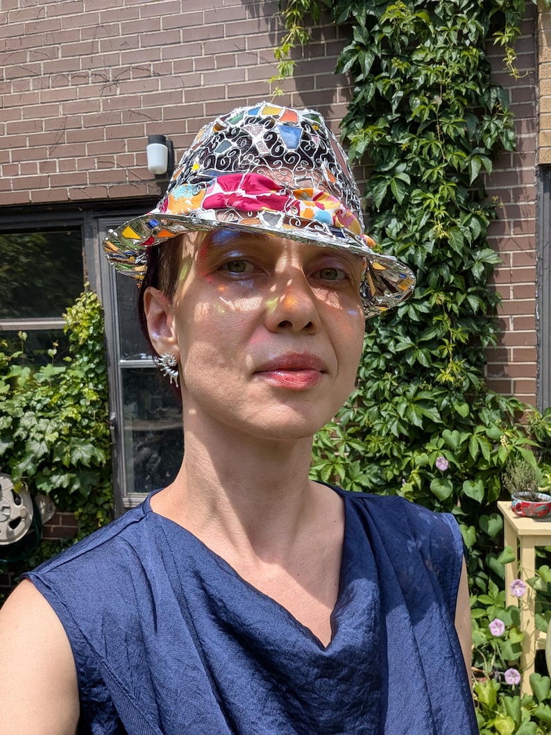 Stained glass fedora hat, unique colorful statement piece, wearable art image 6