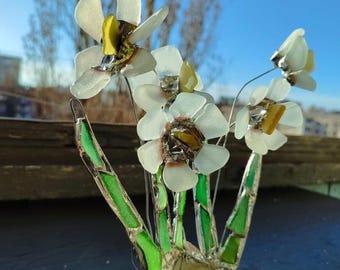 Sea glass daffodils, stained glass artificial flower composition, table suncatcher, upcycled art decor