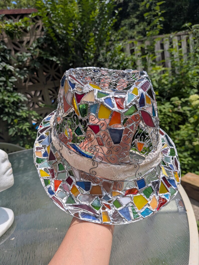 Stained glass fedora hat, unique colorful statement piece, wearable art image 4