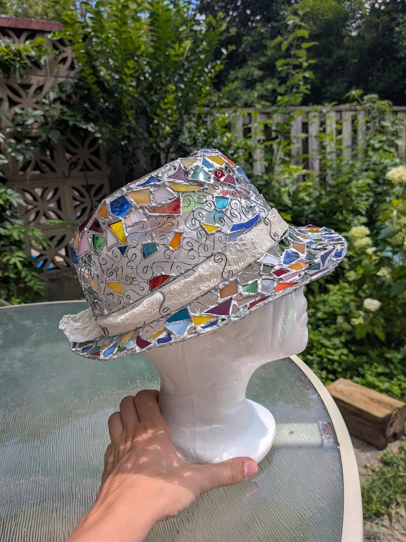 Stained glass fedora hat, unique colorful statement piece, wearable art image 2