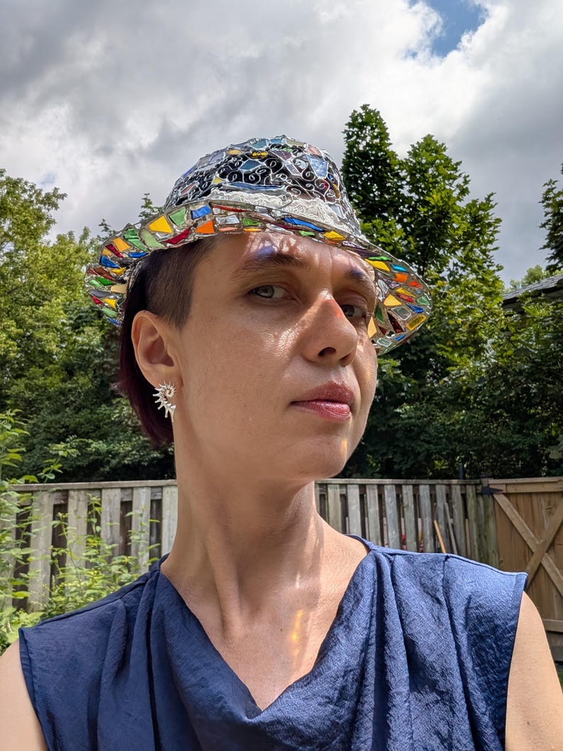 Stained glass fedora hat, unique colorful statement piece, wearable art image 15