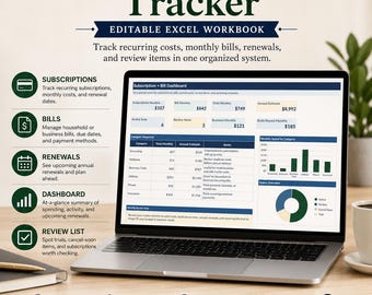 Subscription & Bill Tracker | Monthly Expense Spreadsheet | Renewal + Auto Payment Organizer | Digital Download