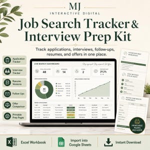 Job Search Tracker, Interview Prep Kit, Application Spreadsheet | Digital Download
