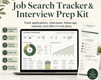 Job Search Tracker, Interview Prep Kit, Application Spreadsheet | Digital Download
