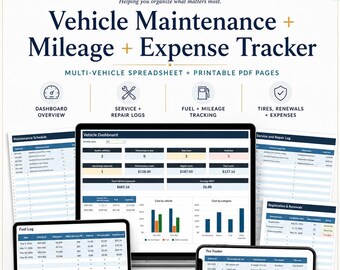 Vehicle Maintenance Tracker Spreadsheet | Mileage, Fuel, Service, Repair & Expense Log | Excel and Google Sheets