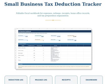 Small Business Tax Deduction Tracker Excel Spreadsheet | Expense, Mileage, Receipt & Home Office Organizer