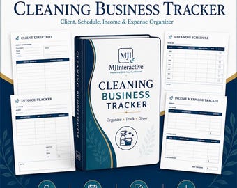 May include: A digital cleaning business tracker planner with a dark blue and white cover featuring the text MJInteractive Cleaning Business Tracker. Includes worksheets for client directory, cleaning schedule, invoice tracker, and income and expense tracker.
