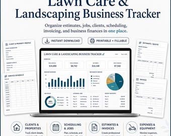 May include: A digital Lawn Care & Landscaping Business Tracker displayed on a laptop screen, surrounded by printable forms for client profiles, service schedules, estimates, and invoices. The dashboard features financial charts and job status data.