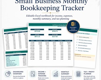 Small Business Monthly Bookkeeping Tracker Excel, Income Expense Profit Planner (Digital Download)
