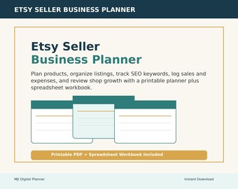 May include: Etsy Seller Business Planner with text reading Etsy Seller Business Planner, Plan products, organize listings, track SEO keywords, log sales and expenses, and review shop growth with a printable planner plus spreadsheet workbook.