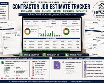May include: A digital contractor job estimate tracker displayed on a laptop screen, featuring a dashboard with charts, job lists, and financial summaries. Includes printable PDF forms like job estimates, invoices, and receipts in a ZIP file format.