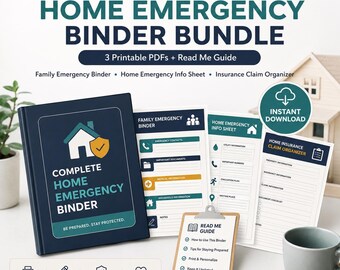 May include: A complete home emergency binder bundle featuring a dark blue binder, three printable PDF sheets titled Family Emergency Binder, Home Emergency Info Sheet, and Home Insurance Claim Organizer, and a Read Me Guide on a clipboard.