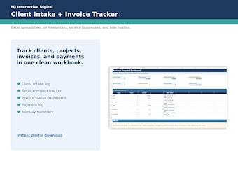 May include: A digital Excel spreadsheet titled Client Intake + Invoice Tracker. The layout features a Business Snapshot Dashboard with data fields for active clients, total revenue, and balances, alongside a list of tracking features.