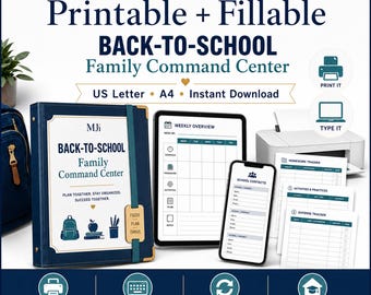 May include: A digital Back-to-School Family Command Center planner set featuring a dark blue binder, a tablet displaying a weekly overview, a smartphone showing school contacts, and printed trackers for homework, activities, and expenses.