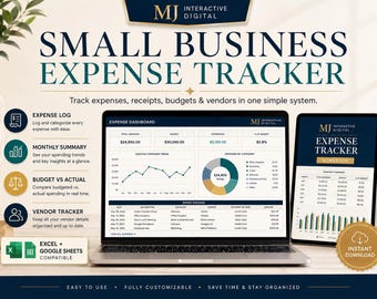 May include: A digital small business expense tracker displayed on a laptop and tablet screen. The interface features an expense dashboard with charts, a budget summary, and a list of recent expenses. The text includes MJ Interactive Digital, Small Business Expense Tracker, and Excel + Google Sheets compatible labels.
