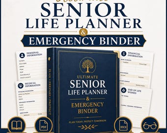 May include: A dark blue binder titled Ultimate Senior Life Planner & Emergency Binder with gold text and a tree icon. It includes printable pages for personal, medical, and financial information, featuring 147 pages, PDF and DOCX formats, and large print.
