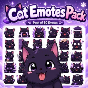 Könnte beinhalten: Eine digitale Sammlung von 30 Katzen-Emotes, die eine schwarze Katze mit großen violetten Augen in verschiedenen Ausdrücken und Posen zeigt. Der Text im Header lautet Cat Emotes Pack und Pack of 30 Emotes. Die Katze weint, lacht oder spielt.