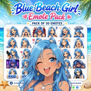 May include: A digital collection of 30 anime-style emotes titled Blue Beach Girl Emote Pack. The set features a character with long blue hair displaying various expressions and actions, including waving, crying, gaming, and holding a gun.