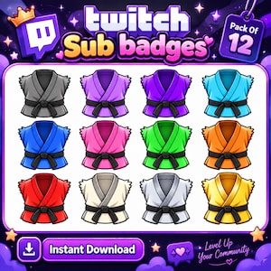 Könnte beinhalten: Ein digitales Set aus 12 Twitch-Abonnenten-Abzeichen mit illustrierten Kampfkunst-Uniformen in verschiedenen Farben wie Grau, Lila, Blau, Pink, Grün, Orange, Rot, Creme, Weiß und Gelb, jeweils mit einem schwarzen Gürtel gebunden.