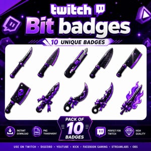 May include: A set of 10 digital Twitch bit badges featuring various purple and black knife designs, including a cleaver with a skull graphic, a utility knife, and a flaming blade, all displayed against a dark purple background with text.