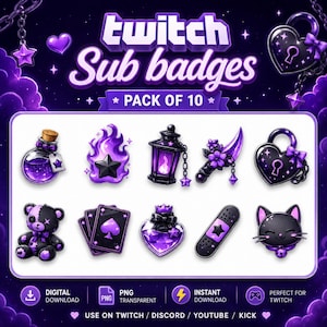 May include: A set of ten digital Twitch sub badges featuring purple and black themed icons including a potion bottle, a star in flames, a lantern, a dagger with flowers, a heart padlock, a teddy bear, playing cards, a heart gem, a bandage, and a cat.