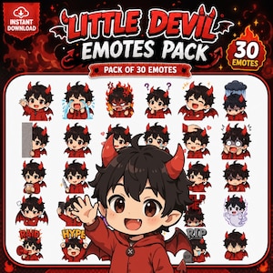 以下が含まれることがあります： 黒髪、赤い角、赤いパーカーを身に着けたちびキャラの「Little Devil」エモート30個セット。様々な表情やアクションが含まれており、一部のアイコンには「RAID」、「HYPE」、「RIP」といったテキストラベルが表示されています。