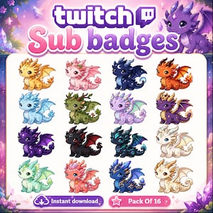 Puede incluir: Una colección digital de 16 ilustraciones de dragones estilizados para insignias de suscriptor de Twitch. El conjunto presenta diversos dragones en colores como oro, rosa, azul, verde, morado y negro, cada uno con patrones, alas y cuernos únicos. El texto dice Twitch Sub badges, Instant download y Pack Of 16.