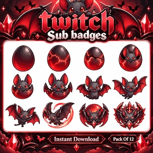 May include: A set of twelve digital Twitch sub badges featuring a bat character in various stages of development, from a solid black egg to a winged bat, rendered in shades of red and black with the text twitch Sub badges and Instant Download.