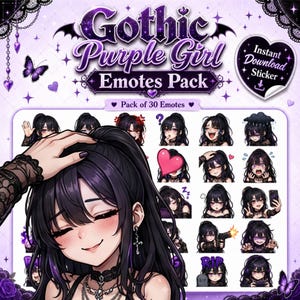 Può includere: Un pacchetto di adesivi digitali intitolato Gothic Purple Girl Emotes Pack contenente 30 illustrazioni di personaggi in stile anime. Le grafiche mostrano un personaggio con lunghi capelli neri, riflessi viola e abbigliamento gotico che esprime varie emozioni.