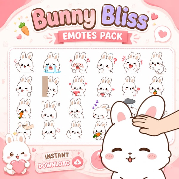 Cute Bunny Bliss Twitch Emotes Pack, 30 Kawaii Bunny Emotes, Chibi Rabbit Emotes, Discord Emotes, Twitch Emote Bundle, Emote Bundles