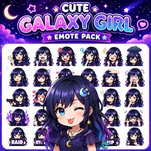 Op de afbeelding: Een emote-pakket getiteld CUTE GALAXY GIRL EMOTE PACK met een verzameling van vijfentwintig illustraties in chibi-stijl van een personage met lang donker haar, blauwe ogen en hemelse haaraccessoires, die verschillende uitdrukkingen en acties weergeven.