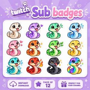 Könnte beinhalten: Ein digitales Set aus 12 bunten Schlangen-Icons für Twitch-Abonnenten-Abzeichen. Die Schlangen zeigen verschiedene Ausdrücke und Farben wie Beige, Lila, Grün, Blau, Pink, Orange, Rot, Schwarz und Regenbogen, mit dem Text Twitch Sub badges.