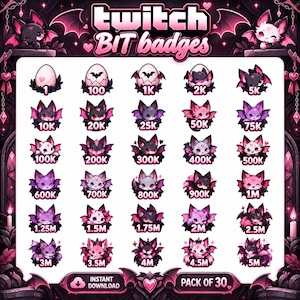 Peut inclure: Un ensemble de 30 badges numériques Twitch bit représentant des créatures chauves-souris stylisées dans des tons de rose, violet et noir. Chaque badge affiche une valeur numérique de 1 à 5M, avec des œufs ou des chauves-souris ailées.