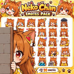 Può includere: Un foglio di adesivi digitali intitolato Neko Chan Emotes Pack contenente 30 illustrazioni individuali di un personaggio dai capelli arancioni con orecchie da gatto in varie espressioni, pose e azioni, tra cui piangere, dormire e reggere una lapide.
