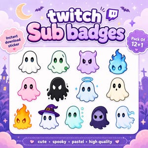 May include: A digital collection of 13 ghost-themed Twitch sub badges featuring various colors and expressions. The set includes white, pink, black, blue, and purple ghosts, some with accessories like a witch hat, halo, or flames, set against a purple background.