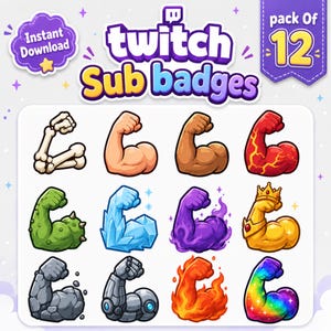 Może przedstawiać: Zestaw 12 cyfrowych odznak subskrybenta Twitch z ikonami zgiętych ramion w różnych stylach, w tym kości, odcieni skóry, lawy, zielonego potwora, lodu, fioletowego dymu, złotej korony, skały, robota, ognia i tęczowej galaktyki z tekstem.