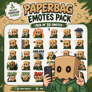 May include: A digital sticker set titled Paperbag Emotes Pack containing 30 individual illustrations of a character wearing a brown paper bag over their head and a green hoodie, displaying various emotions, actions, and text like Raid, Hype, and Ban.