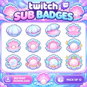 May include: A set of twelve digital Twitch sub badges featuring pastel blue and pink seashells, some containing white pearls, with decorative elements like a small gold crown and wings, labeled with the text Twitch SUB BADGES and PACK OF 12.