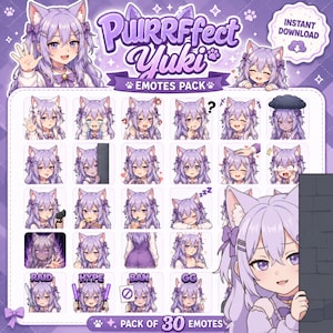 Può includere: Una collezione digitale di 30 emote in stile anime che raffigurano un personaggio con capelli viola chiaro e orecchie da gatto. Il set include varie espressioni e azioni, etichettate con il testo Purrfect Yuki Emotes Pack e Pack of 30 Emotes.