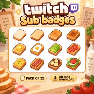 Op de afbeelding: Een set van 12 digitale Twitch-abonneebadges met verschillende toast-toppings, waaronder boter, ei, avocado, tomaat, spek, banaan en groenten. De afbeelding bevat de tekst Twitch Sub badges, Pack of 12 en Instant Download.