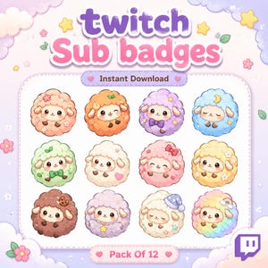 Puede incluir: Un conjunto de doce insignias digitales de suscripción para Twitch que muestran ovejas redondas y esponjosas en varios colores como rosa, naranja, morado, azul, verde, blanco, amarillo y marrón, con accesorios como flores, lazos o estrellas.