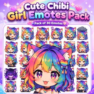 Könnte beinhalten: Eine digitale Sammlung von 30 Chibi-Mädchen-Emotes mit Charakteren mit regenbogenfarbenem Haar und Katzenohren. Der Text "Cute Chibi Girl Emotes Pack" und "Pack of 30 Emotes" steht oben vor einem violetten und rosafarbenen Hintergrund.