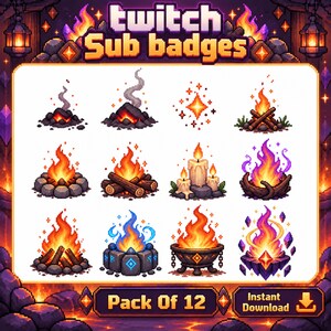 May include: A set of 12 pixel art Twitch sub badges featuring various fire-themed icons including campfires, candles, a magical purple flame, and a runic stone fire pit. The text reads Twitch Sub badges and Pack Of 12 Instant Download.