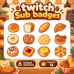 Puede incluir: Un conjunto digital de 12 insignias de suscripción para Twitch con varios productos horneados, incluyendo pan, una dona, un pretzel, un croissant y un bollo con forma de oso. El texto dice Twitch Sub Badges, Instant Download y Pack Of 12.