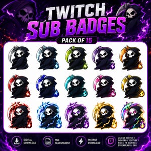 Może przedstawiać: Cyfrowa kolekcja 15 odznak subskrybenta Twitch przedstawiająca rysunkowe postacie ponurych żniwiarzy w czarnych szatach z kosami i płomieniami w różnych kolorach. Tekst TWITCH SUB BADGES PACK OF 15 znajduje się na górze wraz z ikonami.