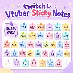 May include: A collection of colorful square sticky notes featuring various internet slang terms and expressions like Sussy Baka, Yes, Wtf, Waifu, UwU, Trash, Sus, Stinky, Salty, Pog, Silly, No, Papa, Need Money, Nani, Milf, Mommy, Mama, Lol, Kekw, Horny Af, Head Empty, Feed Me, Ez, Dumb Bitch, Dum, Daddy, Cutie Pie, Brb, Baby, Alone, and several facial expressions.