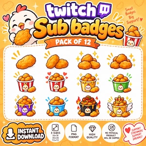 以下が含まれることがあります： 金色のチキンナゲットが描かれた12種類のTwitchサブスクライバーバッジのデジタルセット。バケツはカラフルで、炎、王冠、ハートなどの装飾があります。画像には「Twitch Sub badges Pack of 12」および「Instant Download」というテキストが含まれています。