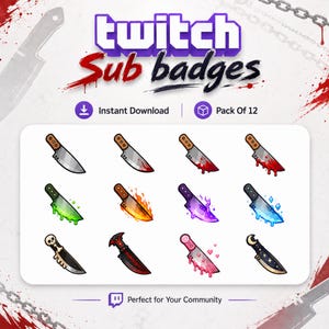 以下が含まれることがあります： 12種類のナイフデザインを特徴とするTwitchサブスクライバーバッジのデジタルコレクション。血の飛沫、緑のスライム、オレンジの炎、紫の炎、青い氷、ドクロのハンドル、暗い赤の刃、ピンクのハート、星などが描かれたナイフのセットです。