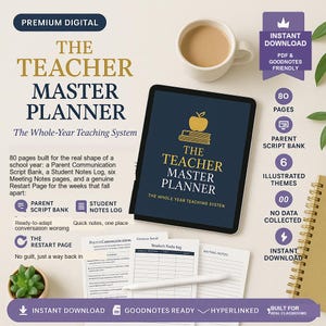 Puede incluir: Un planificador digital para docentes en una pantalla de tableta con fondo azul oscuro, icono de manzana dorada y texto blanco. Incluye 80 páginas, un banco de guiones para padres, registro de notas de estudiantes y notas de reuniones.