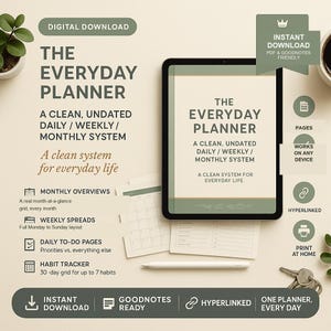 Może przedstawiać: Cyfrowy planer o tytule The Everyday Planner wyświetlony na ekranie tabletu, zawierający przejrzysty, niedatowany system dzienny, tygodniowy i miesięczny. Układ obejmuje przeglądy miesięczne, rozkłady tygodniowe oraz narzędzie do śledzenia nawyków.